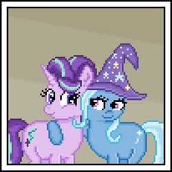 Size: 515x515 | Tagged: safe, artist:8-bitbrony, starlight glimmer, trixie, pony, unicorn, g4, best friends, clothes, cute, diatrixes, duo, duo female, female, glimmerbetes, hat, hug, lidded eyes, mare, missing accessory, pixel art, reformed starlight, simple background, smiling, trixie's hat