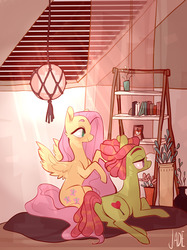 Size: 1280x1707 | Tagged: safe, artist:jademoona, fluttershy, tree hugger, earth pony, pegasus, pony, g4, couple, crepuscular rays, cute, dexterous hooves, duo, female, hair styling, indoors, lamp, lesbian, mare, peaceful, ship:flutterhugger, shipping