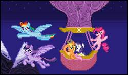 Size: 728x424 | Tagged: safe, artist:8-bitbrony, applejack, fluttershy, pinkie pie, rainbow dash, rarity, twilight sparkle, alicorn, earth pony, pegasus, pony, unicorn, g4, not asking for trouble, eyes closed, female, flying, happy, hoof on head, hot air balloon, mane six, mare, mountain, night, open mouth, pixel art, standing, stars, twilight sparkle (alicorn), twinkling balloon, wings