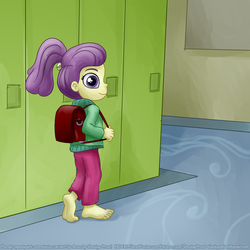 Size: 1500x1500 | Tagged: safe, alternate version, artist:smudge proof, lily pad (g4), equestria girls, g4, backpack, barefoot, barefooting, canterlot high, clean feet, clothes, commission, feet, female, randoseru, sketch, soles, solo, toes