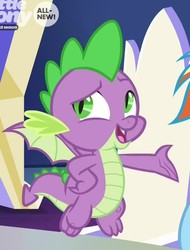 Size: 676x891 | Tagged: safe, screencap, spike, dragon, g4, the beginning of the end, claws, cropped, male, raised eyebrow, solo focus, tail, toes, winged spike, wings