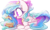 Size: 836x500 | Tagged: safe, artist:loneless-art, princess celestia, alicorn, pony, g4, blueberry, blushing, chest fluff, chibi, colored pupils, cute, cutelestia, ear fluff, ethereal mane, eyes on the prize, female, food, fork, glowing horn, happy, horn, levitation, long mane, magic, mare, missing accessory, open mouth, pancakes, prone, shiny, shoulder fluff, simple background, smiling, solo, sparkles, starry mane, strawberry, telekinesis, transparent background, whipped cream