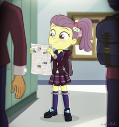 Size: 1527x1632 | Tagged: safe, artist:invisibleink, carlos thunderbolt, dean cadance, indigo zap, lily pad (g4), princess cadance, suri polomare, trenderhoof, equestria girls, g4, my little pony equestria girls: better together, background human, clothes, crystal prep academy, crystal prep academy uniform, cute, lily padorable, newspaper, offscreen character, pleated skirt, ponytail, school uniform, shoes, side ponytail, skirt, socks
