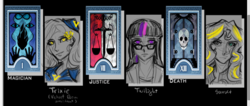 Size: 893x380 | Tagged: safe, artist:xahowi-fexedoo, sunset shimmer, trixie, twilight sparkle, human, g4, alternate universe, humanized, persona, sketch, tarot, tarot card, wip