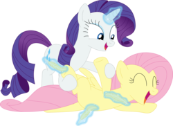 Size: 3560x2590 | Tagged: safe, artist:porygon2z, fluttershy, rarity, pegasus, pony, unicorn, g4, belly tickling, cute, duo, eyes closed, feather, female, glowing horn, high res, horn, laughing, lesbian, magic, magic aura, open mouth, raribetes, shipping, shyabetes, simple background, tickling, transparent background, vector