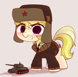 Size: 1388x1364 | Tagged: safe, artist:killasher, march gustysnows, earth pony, pony, g4, communism, female, filly, hat, military, smiling, solo, t-34, t-34/85, tank (vehicle), ushanka