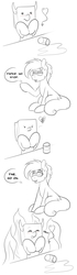 Size: 615x2206 | Tagged: safe, artist:tatemil, oc, oc only, oc:eddie, oc:paper bag, pony, blushing, chocolate, chocolate milk, comic, devil horns, duo, exploitable meme, female, happy, male, mare, meme, milk, paper bag, pure unfiltered evil, spilled milk, stallion