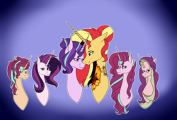 Size: 7937x5385 | Tagged: safe, alternate version, artist:icicle-niceicle-1517, artist:moonlight0shadow0, color edit, edit, starlight glimmer, sunset shimmer, oc, oc:dawn light (ice1517), oc:dusk fire (ice1517), oc:evening glitter, oc:shadow shine, pony, unicorn, icey-verse, g4, alternate hairstyle, blue background, brother and sister, bust, collaboration, colored, ear piercing, earring, eyebrow piercing, family, female, glasses, gradient background, horn, horn ring, jewelry, lesbian, lip piercing, looking at each other, magical lesbian spawn, male, mare, mother and daughter, mother and son, next generation, nose piercing, offspring, parent:starlight glimmer, parent:sunset shimmer, parents:shimmerglimmer, piercing, ring, ship:shimmerglimmer, shipping, siblings, simple background, sisters, snake bites, stallion, tattoo, twins, wedding ring