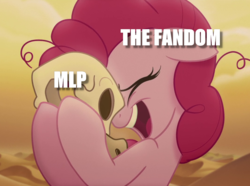Size: 1071x797 | Tagged: safe, edit, edited screencap, screencap, pinkie pie, pony, g4, my little pony: the movie, caption, cropped, dead, desert, desert sun madness, end of ponies, eyes closed, female, image macro, metaphor, skull, solo, text, the ride never ends