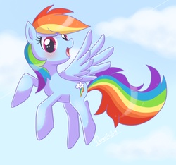 Size: 529x495 | Tagged: safe, artist:domestic-hedgehog, rainbow dash, pegasus, pony, g4, backwards cutie mark, blushing, cloud, cute, dashabetes, female, flying, looking at you, mare, open mouth, sky, smiling, solo, wings