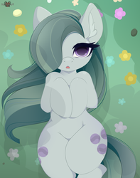 Size: 3000x3800 | Tagged: safe, artist:xsatanielx, marble pie, earth pony, pony, rcf community, female, flower, hair over one eye, looking at you, mare, on back, open mouth, solo