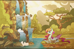 Size: 3000x2000 | Tagged: safe, artist:marbola, oc, oc only, oc:bittersweet, pegasus, pony, commission, female, forest, high res, lidded eyes, lying down, mare, scenery, scenery porn, solo, waterfall