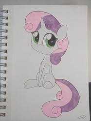Size: 776x1040 | Tagged: safe, artist:taurson, sweetie belle, pony, unicorn, g4, cute, diasweetes, female, filly, looking at you, sitting, solo, traditional art