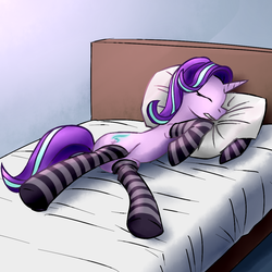 Size: 1100x1100 | Tagged: artist needed, safe, artist:anonymous, starlight glimmer, pony, unicorn, bed, clothes, drawthread, female, lying down, mare, pillow, sleeping, socks, solo, striped socks