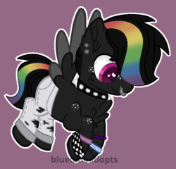 Size: 752x721 | Tagged: safe, artist:bluedinoadopts, oc, oc only, oc:cloud sounds, pegasus, pony, bracelet, chest fluff, choker, clothes, ear fluff, ear piercing, earring, flying, freckles, heart eyes, jeans, jewelry, male, nose piercing, nose ring, pants, piercing, purple background, rainbow hair, raised hoof, ripped pants, ripping clothes, simple background, solo, spiked choker, stallion, torn clothes, two toned wings, wingding eyes, wristband