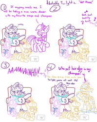 Size: 1280x1611 | Tagged: safe, artist:adorkabletwilightandfriends, moondancer, spike, starlight glimmer, twilight sparkle, alicorn, dragon, pony, unicorn, comic:adorkable twilight and friends, g4, adorkable, adorkable twilight, book, butt, comic, couch, cute, dork, dye, hair dye, humor, lineart, plot, prank, reading, recolor, relaxing, rubbing, shower, singing, singing in the shower, sitting, sniffing, sniffling, tablet, twilight sparkle (alicorn), wet, wet mane