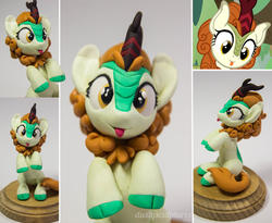 Size: 1024x840 | Tagged: safe, artist:dustysculptures, edit, edited screencap, screencap, autumn blaze, kirin, g4, :p, awwtumn blaze, behaving like a dog, clay, cloven hooves, craft, cute, female, polymer clay, sculpture, silly, sitting, sitting up, solo, tongue out
