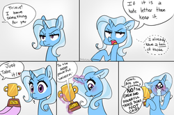 Size: 2677x1763 | Tagged: safe, artist:kaikururu, trixie, pony, g4, blushing, comic, crying, cute, dialogue, diatrixes, ear fluff, female, grammar error, implied starlight glimmer, mare, offscreen character, open mouth, profile, question mark, speech bubble, tears of joy, wavy mouth