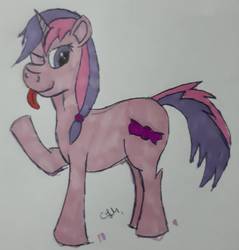 Size: 1226x1282 | Tagged: safe, artist:rapidsnap, oc, oc only, oc:librase, pony, unicorn, female, mare, solo, tongue out, traditional art
