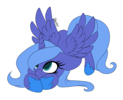 Size: 989x807 | Tagged: safe, artist:minelvi, artist:minty25, princess luna, alicorn, pony, g4, collaboration, cute, face down ass up, female, filly, hoof shoes, lunabetes, mare, signature, simple background, solo, transparent background, wings, woona, younger