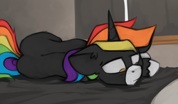 Size: 1676x979 | Tagged: safe, artist:marsminer, oc, oc only, oc:rainbow heart, pony, depressed, solo