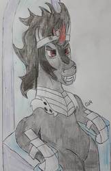 Size: 1121x1720 | Tagged: safe, artist:rapidsnap, king sombra, pony, g4, evil smile, grin, male, smiling, solo, throne, traditional art