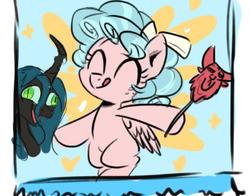 Size: 612x481 | Tagged: safe, artist:oofycolorful, cozy glow, lord tirek, queen chrysalis, changeling, changeling queen, pegasus, pony, g4, season 9, the beginning of the end, bow, candy, cozy glow is best facemaker, cozybetes, crazylis, cute, cutealis, duo, duo female, eyes closed, faic, female, filly, flying, foal, food, licking, licking lips, lollipop, tongue out