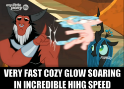 Size: 1169x840 | Tagged: safe, edit, edited screencap, screencap, cozy glow, lord tirek, queen chrysalis, changeling, changeling queen, pegasus, pony, g4, the beginning of the end, caption, cozybuse, female, filly, image macro, male, meme, ponified meme, text, very fast doggo running at incredible hihg speed