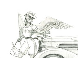 Size: 1400x1044 | Tagged: safe, artist:baron engel, twilight sparkle, alicorn, anthro, g4, car, clothes, female, grayscale, hat, mare, monochrome, pencil drawing, simple background, smiling, solo, traditional art, twilight sparkle (alicorn), white background