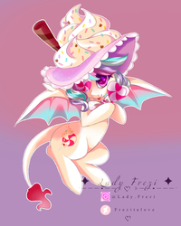Size: 4000x5000 | Tagged: safe, artist:ladyfrezi, oc, oc:magic sprinkles, augmented tail, bat wings, bow, candy, chocolate, cream, cute, female, food, hat, lollipop, looking at you, ocbetes, patch, sprinkles, tongue out, wings, witch hat