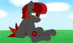Size: 1280x750 | Tagged: safe, artist:thebadbadger, oc, oc only, oc:ruby roulette, earth pony, pony, female, grass, mare, sitting, solo, wavy mouth