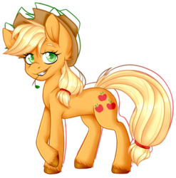 Size: 549x556 | Tagged: safe, artist:teeny16, applejack, earth pony, pony, g4, colored hooves, colored pupils, cowboy hat, cute, ear fluff, eyebrows, eyebrows visible through hair, female, hat, jackabetes, looking at you, mare, simple background, solo, straw in mouth, teeth, transparent background, unshorn fetlocks