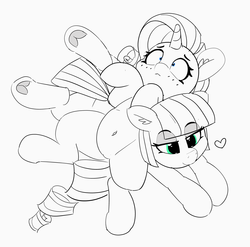 Size: 3624x3579 | Tagged: safe, artist:pabbley, maud pie, rarity, earth pony, pony, unicorn, g4, belly button, cute, ear fluff, eye clipping through hair, female, frog (hoof), happy, heart, high res, lying on top of someone, mare, maudabetes, monochrome, on back, partial color, raribetes, shocked, shrunken pupils, smiling, underhoof