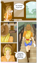 Size: 3484x5905 | Tagged: safe, artist:wild stallions, applejack, human, comic:letter for big mac, comic:letter for big mac. vol. 1, my little porno: friendship with benefits, g4, absurd resolution, big breasts, breast squish, breasts, busty applejack, clothed female, clothes, cloud, door, explicit source, fence, huge breasts, humanized, letter, living room, midriff, patreon, rug, speech bubble, stairs, tree, window