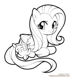 Size: 769x844 | Tagged: safe, artist:lindsay cibos, angel bunny, fluttershy, pegasus, pony, g4, black and white, female, grayscale, looking at you, male, mare, monochrome, simple background, sitting, sleeping, smiling, white background