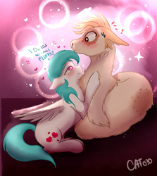 Size: 1300x1456 | Tagged: safe, artist:cottonheart05, oc, oc only, oc:cotton heart, alpaca, pegasus, pony, blushing, drunk, duo, fluffy, surprised