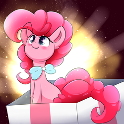 Size: 1600x1600 | Tagged: safe, artist:madacon, pinkie pie, pony, g4, blushing, bow, bowtie, box, cute, diapinkes, ear fluff, female, leg fluff, micro, pony in a box, present, simple background, smiling, solo, transparent background