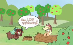 Size: 1280x788 | Tagged: safe, artist:heir-of-rick, applejack, yona, earth pony, pony, yak, daily apple pony, g4, apple, apple tree, applebucking, applejack's hat, cowboy hat, cute, duo, food, funny, grass, hat, looking at something, open mouth, shrunken pupils, speech bubble, stronk, tree, worried, yonadorable, you're doing it wrong