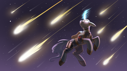 Size: 3840x2160 | Tagged: safe, artist:underpable, oc, oc only, oc:flint, pony, unicorn, clothes, glowing eyes, high res, magic, night, shooting star, solo, stars