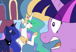 Size: 2900x2000 | Tagged: safe, artist:leslers, princess celestia, princess luna, twilight sparkle, alicorn, pony, g4, the beginning of the end, crown, eye clipping through hair, eyes closed, high res, jewelry, open mouth, profile, regalia, scene interpretation, shocked