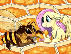 Size: 2048x1536 | Tagged: safe, artist:incendiarymoth, fluttershy, bee, pegasus, pony, g4, :p, beehive, blushing, chest fluff, cute, ear fluff, eye contact, female, floppy ears, fluffy, food, giant insect, honey, honeycomb (structure), looking at each other, mare, micro, shyabetes, silly, sitting, smiling, spread wings, tiny, tiny ponies, tongue out, wings