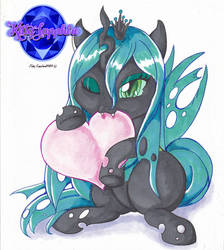 Size: 847x944 | Tagged: safe, artist:ksapphire8989, queen chrysalis, changeling, changeling queen, g4, biting, chibi, commission, cute, cutealis, fangs, female, heart, one eye closed, signature, simple background, sitting, solo, white background