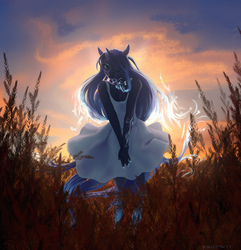 Size: 2000x2079 | Tagged: safe, artist:pinefool, oc, oc only, oc:mystic shadow, unicorn, anthro, anthro oc, clothes, dress, female, field, high res, horn, mare, sunset, ych result