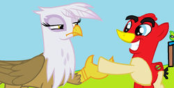 Size: 1024x522 | Tagged: safe, artist:ghostbustersmaniac, gilda, bird, bird pone, cardinal, earth pony, griffon, pig, pony, g4, 1000 hours in ms paint, angry birds, crossover, green pig, hoofshake, minion pig, ponified, red bird