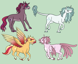 Size: 2749x2278 | Tagged: safe, artist:misskanabelle, oc, oc only, oc:cresent shine, oc:iridium chalice, oc:pink promenade, oc:starburst, classical hippogriff, classical unicorn, hippogriff, pegasus, pony, unicorn, cloven hooves, colored hooves, colored wings, female, glasses, gradient wings, green background, high res, horn, leonine tail, magical lesbian spawn, mare, multicolored wings, offspring, parent:fancypants, parent:fleur-de-lis, parent:moondancer, parent:pinkie pie, parent:princess skystar, parent:star bright, parent:sunset shimmer, parent:trixie, parents:fancyfleur, parents:moonbright, parents:skypie, parents:suntrix, simple background, story included, unshorn fetlocks