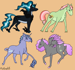 Size: 2592x2451 | Tagged: safe, artist:misskanabelle, oc, oc only, oc:arctic gale, oc:joss spice, oc:sonder nighthawk, oc:wolf river, classical unicorn, earth pony, pegasus, pony, unicorn, cloven hooves, colored hooves, earth pony oc, ethereal mane, female, high res, hoof fluff, horn, leonine tail, magical lesbian spawn, male, mare, neck fluff, offspring, orange background, parent:big macintosh, parent:fluttershy, parent:king sombra, parent:maud pie, parent:mud briar, parent:princess luna, parent:starlight glimmer, parent:twilight sparkle, parents:fluttermac, parents:lumbra, parents:maudbriar, parents:twistarlight, pegasus oc, raised hoof, signature, simple background, stallion, story included, two toned wings, unicorn oc, unshorn fetlocks, wings