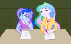 Size: 640x397 | Tagged: safe, screencap, princess celestia, princess luna, principal celestia, vice principal luna, equestria girls, g4, rainbow rocks, animated, duo, entranced, female, gif, hypnosis, hypnotized, lidded eyes, sisters, tapping, under our spell