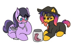 Size: 2124x1279 | Tagged: safe, artist:bumpywish, oc, oc only, oc:line art, oc:spira fang, bat pony, pony, worm, bat pony oc, blushing, clothes, duo, fedora, female, freckles, hair dye, hat, jacket, jar, lying, mare, prone, salivating, simple background, sunglasses, white background