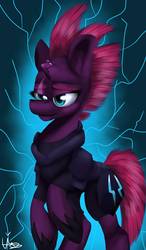 Size: 750x1280 | Tagged: safe, artist:lordofthefeathers, tempest shadow, pony, unicorn, g4, abstract background, armor, broken horn, eye scar, female, horn, lidded eyes, mare, rearing, scar, solo