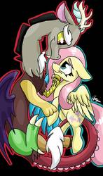 Size: 748x1276 | Tagged: safe, artist:lordofthefeathers, discord, fluttershy, draconequus, pegasus, pony, g4, black background, cutie mark, female, floppy ears, looking at each other, male, mare, ship:discoshy, shipping, simple background, smiling, straight
